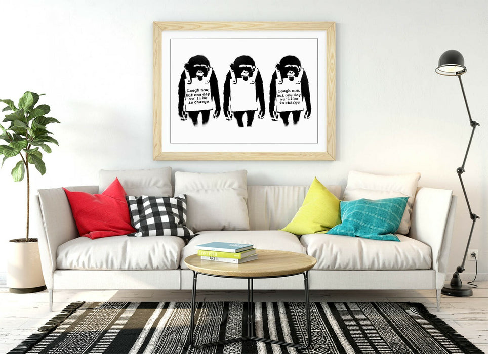 BANKSY LAUGH NOW MONKEYS -FRAMED POSTER WALL ART PRINT ARTWORK- BLACK & WHITE
