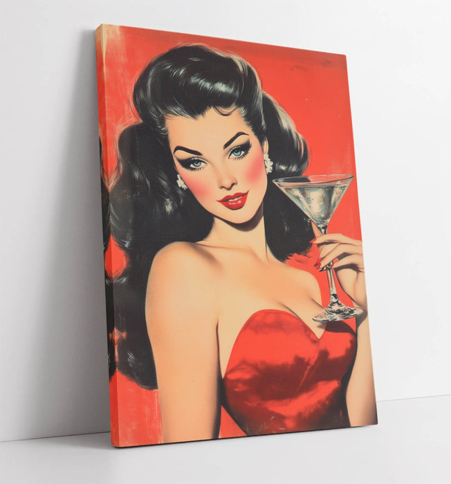 Martini Cocktail Canvas Art – Glamorous Woman In Red Dress | Handmade Print