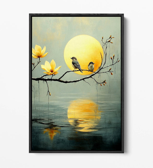 Canvas Wall Art - Perched Birds Artwork On Tree With Water Reflection | Float Effect