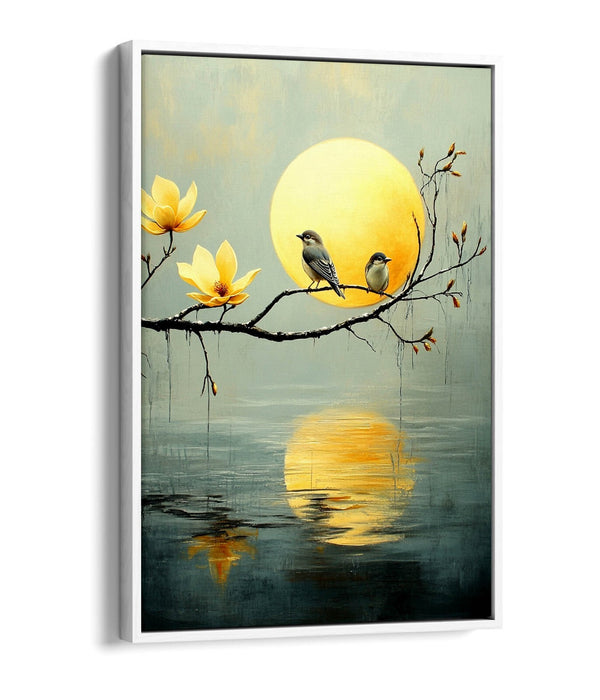 Canvas Wall Art - Perched Birds Artwork On Tree With Water Reflection | Float Effect