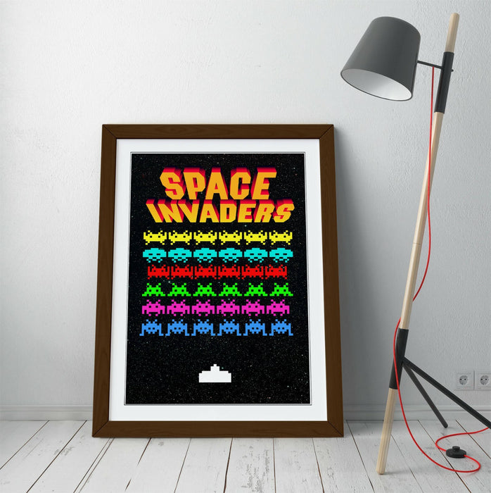 Retro Arcade Poster - Space Invaders Art Framed Game Print With Woodgrain Faux Frame