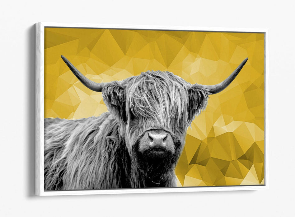 HIGHLAND COW MUSTARD YELLOW GEOMETRIC -FLOAT EFFECT CANVAS WALL ART PIC PRINT-