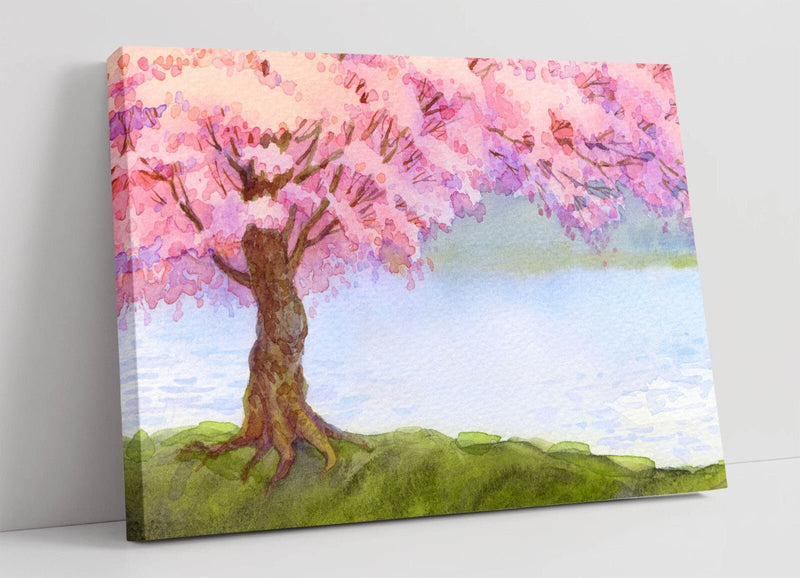 Cherry Blossom Canvas - Handmade Floral Wall Art With River Scene Print
