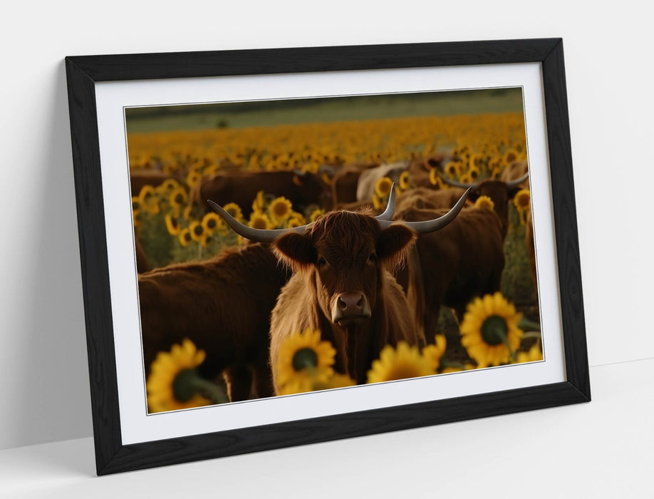 Highland Cows Wall Art – Framed Sunflower Field Print | Rustic Farmhouse Decor