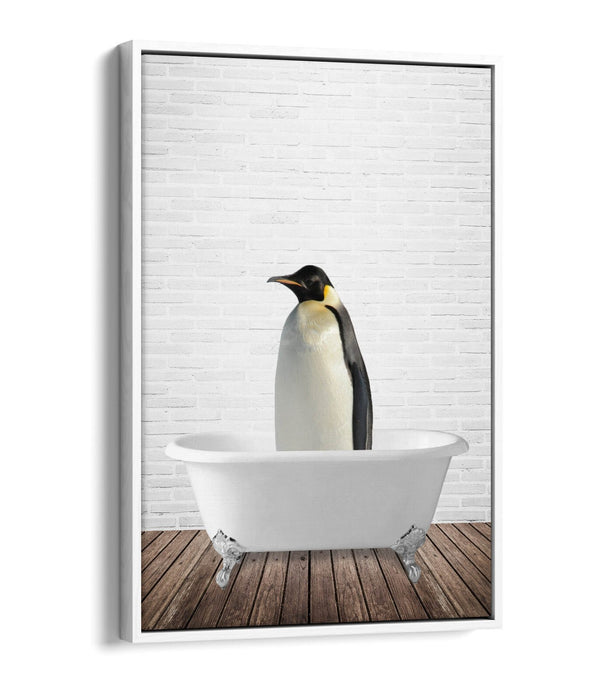PENGUIN IN BATHTUB -QUIRKY BATHROOM FLOAT EFFECT CANVAS WALL ART PRINT
