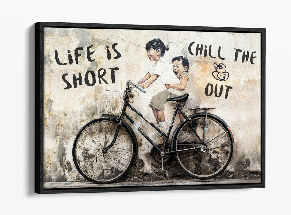LIFE IS SHORT KIDS ON BIKE -FLOAT EFFECT CANVAS WALL ART PIC PRINT- BEIGE BLACK