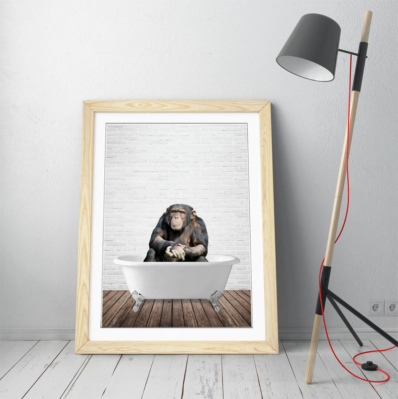 Quirky Framed Poster - Chimpanzee Bathtub Decor | Handmade UK Artwork