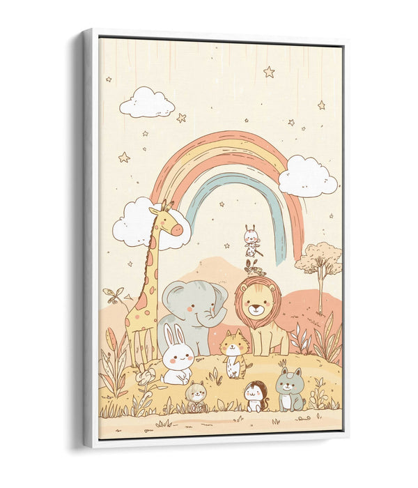 Pastel Canvas Wall Art - Cute Animal Artwork With Rainbow Float Effect Frame