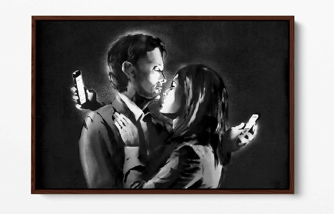 BANKSY MOBILE LOVERS FLOAT EFFECT CANVAS WALL ART PIC PRINT GRAFFITI- GREY WHITE