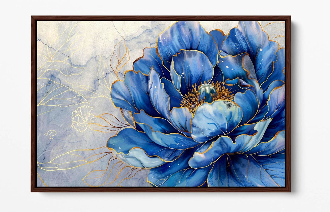 Blue Peony Canvas – Handmade Flower Art With Glittery Edge Print & Float Effect Frame