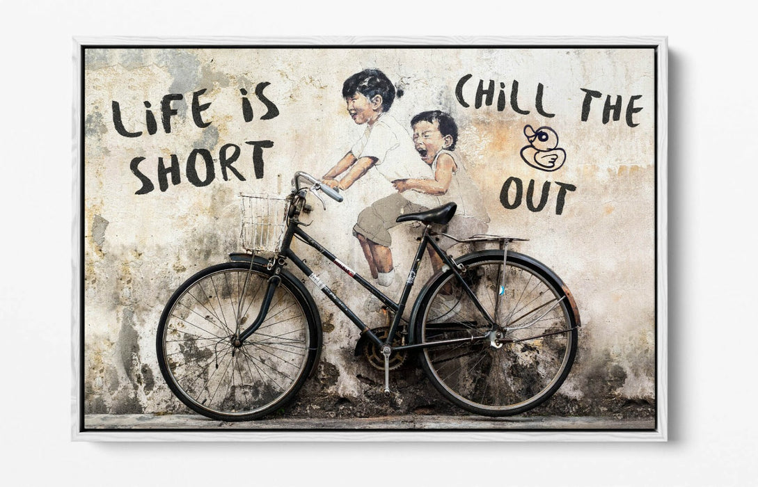 LIFE IS SHORT KIDS ON BIKE -FLOAT EFFECT CANVAS WALL ART PIC PRINT- BEIGE BLACK