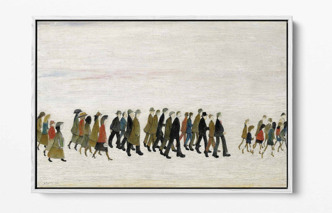 LS LOWRY A PROCESSION -FLOAT EFFECT CANVAS WALL ART PIC PRINT- GREY BROWN
