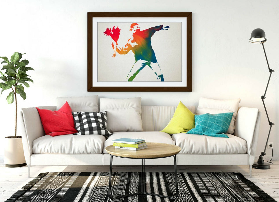 BANKSY, FLOWER THROWER RAINBOW -FRAMED WALL ART PICTURE PRINT