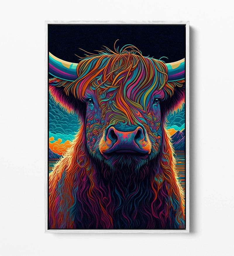 Highland Cow Canvas - Vibrant Colorful Cow Portrait | Float Effect Wall Art