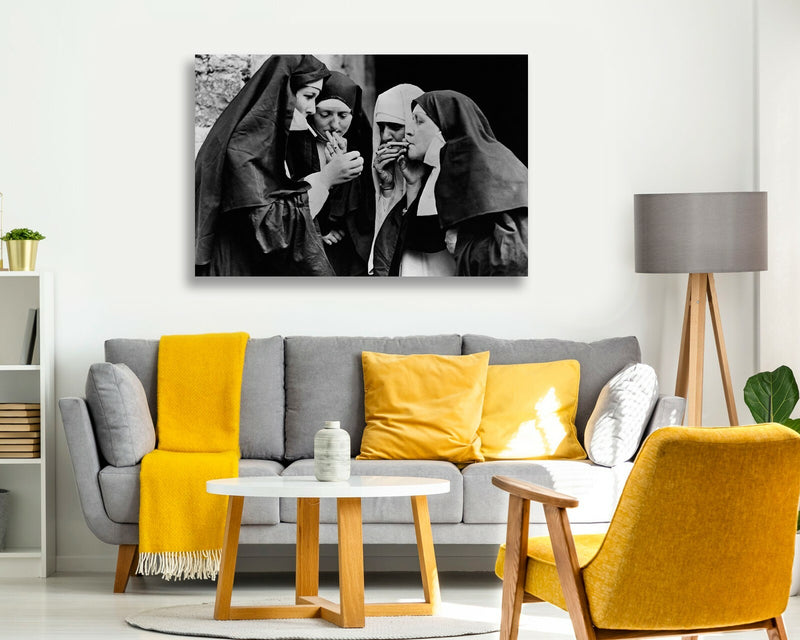 Vintage Canvas Wall Art – Nuns Smoking Artwork | Handmade Framed Canvas Print