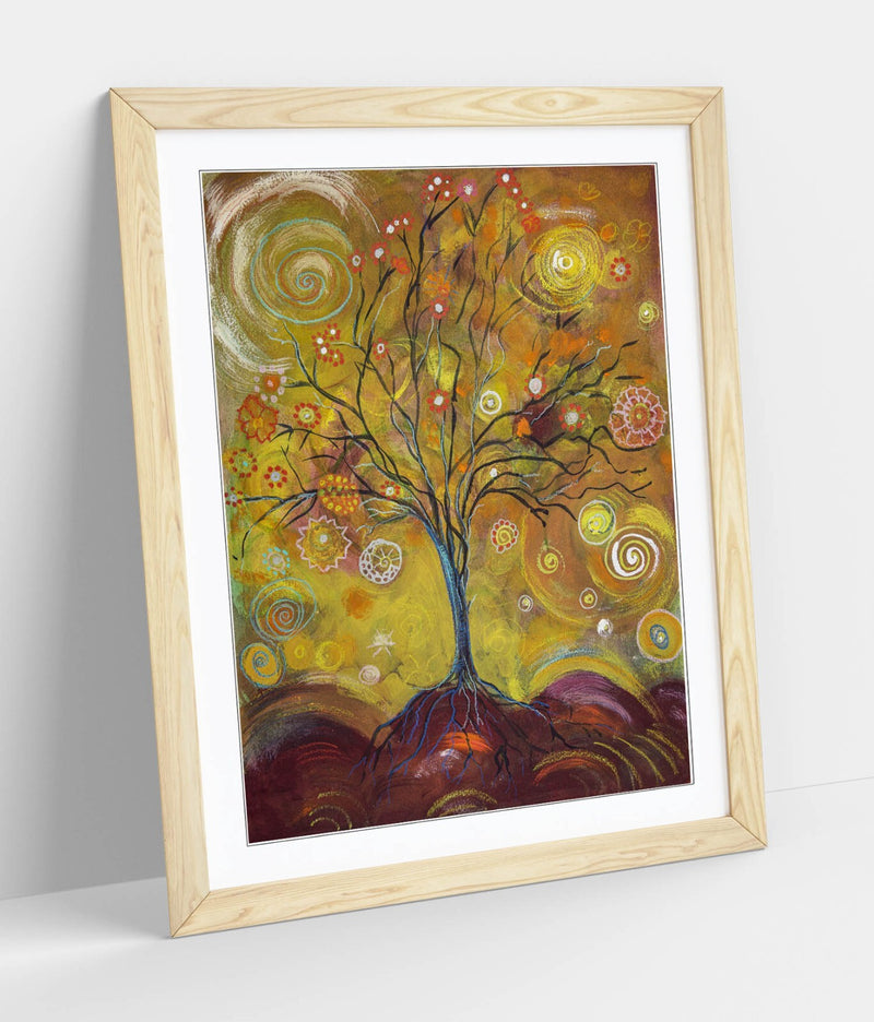 Tree Of Life Art - Whimsical Wall Print Framed Wall Art With Wood Grain Frame