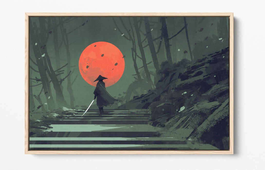 Samurai Canvas Art - Float Effect Canvas Wall Art With Red Moon Artwork