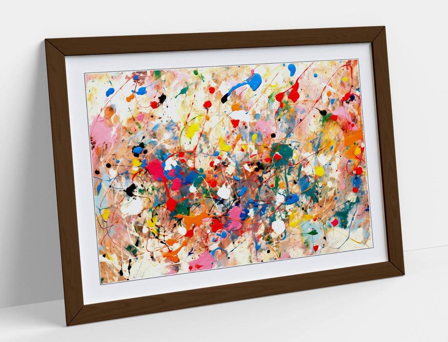Framed Wall Art - Colorful Pollock Style Abstract Poster Print With Woodgrain Frame