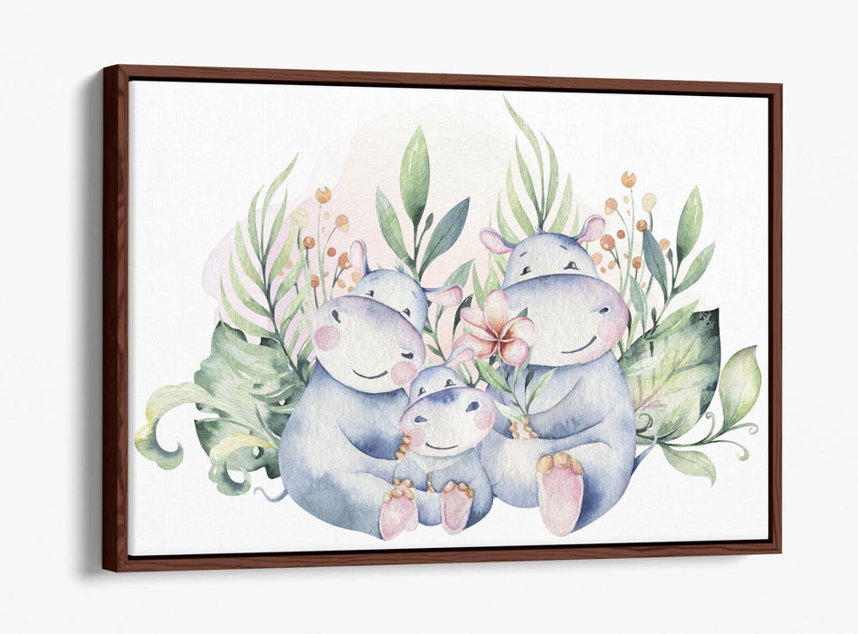 Watercolour Hippo Canvas - Cute Hippo Family Float Effect Canvas Wall Art