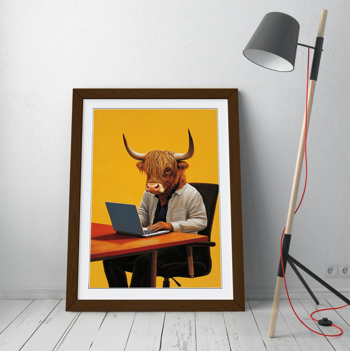 Highland Cow Wall Art – Framed Anthropomorphic Animal Poster Print With Woodgrain Frame
