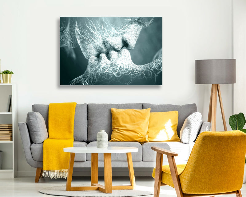 Lovers Kiss Canvas Art - Premium Duck Egg Blue Wall Art Print | Ready To Hang