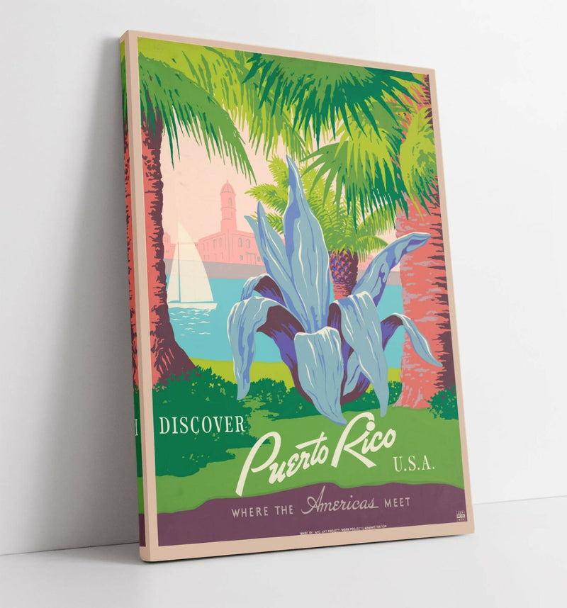 Retro Travel Poster – Puerto Rico Canvas Wall Art | Blue Pink Vintage Print