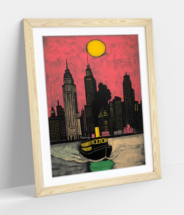 Framed Wall Art Poster – Pink River Steamboat Print With Wood Grain Frame