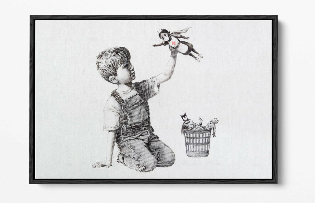 BANKSY SUPER NURSE GAME CHANGER -FLOAT EFFECT CANVAS WALL ART PIC PRINT- GREY