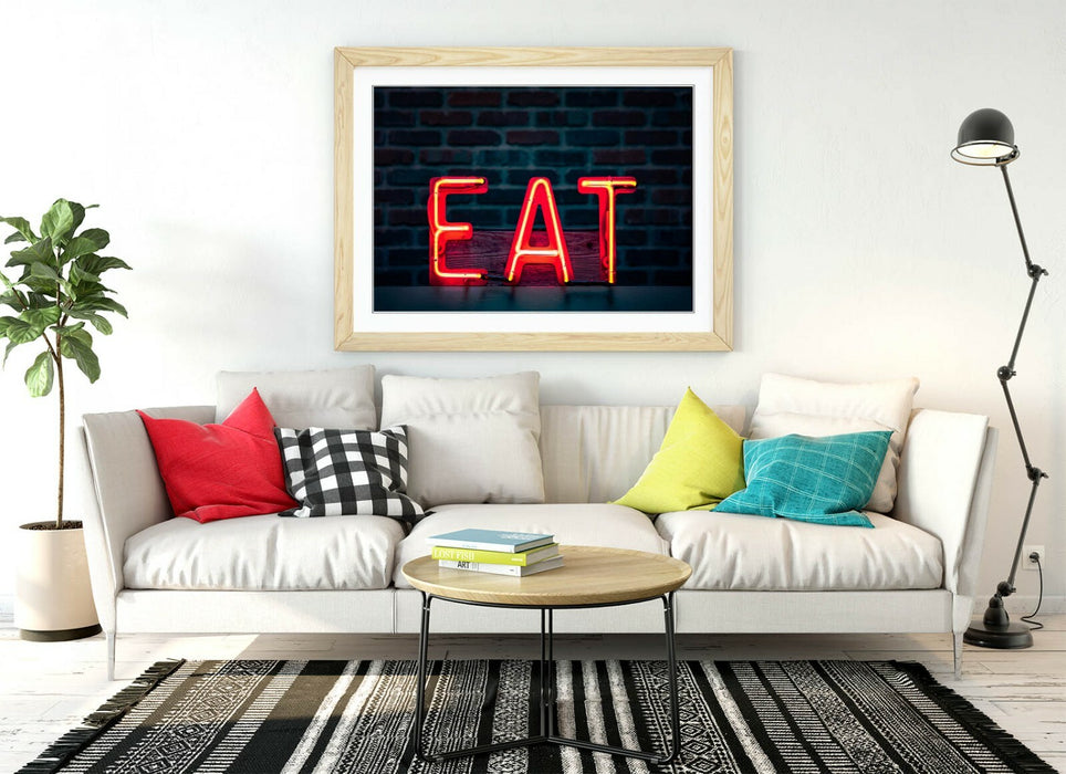 Kitchen Neon Sign - Framed Wall Art With Navy Blue Artwork & Faux Wood Frame