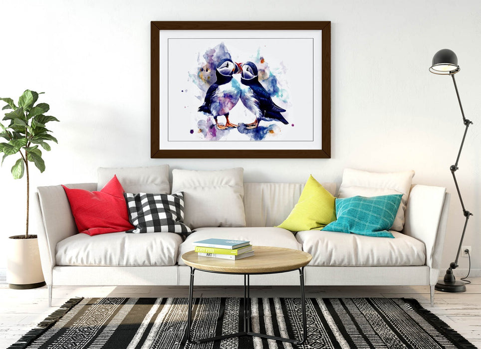 Puffins Wall Art - Framed Cute Bird Artwork With Woodgrain Frame, Ready To Hang