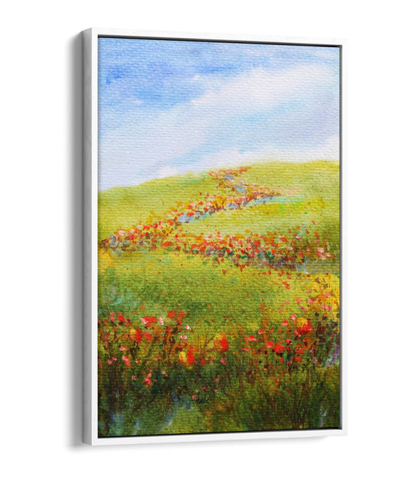 WATERCOLOUR RED FLOWERS IN FIELD HOME DECOR FLOAT EFFECT CANVAS WALL ART PRINT