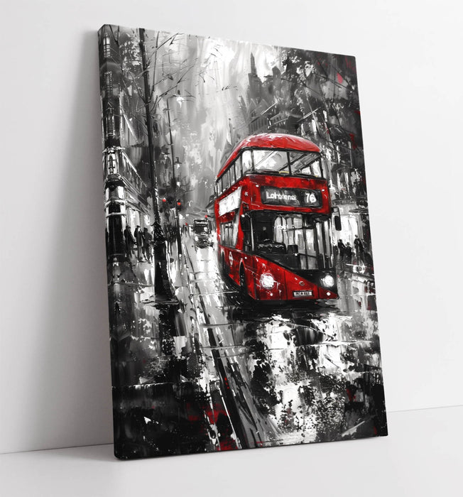 Cityscape Canvas Art - Black White Urban Wall Decor with Red Bus Print, Ready to Hang