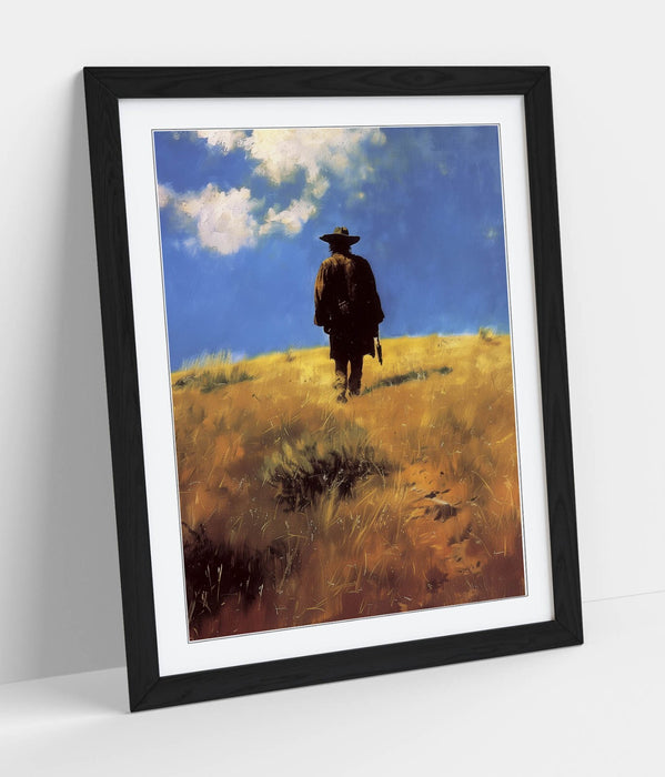 Framed Wall Art - Wandering Cowboy Blue Sky Landscape Poster Print With Woodgrain Frame