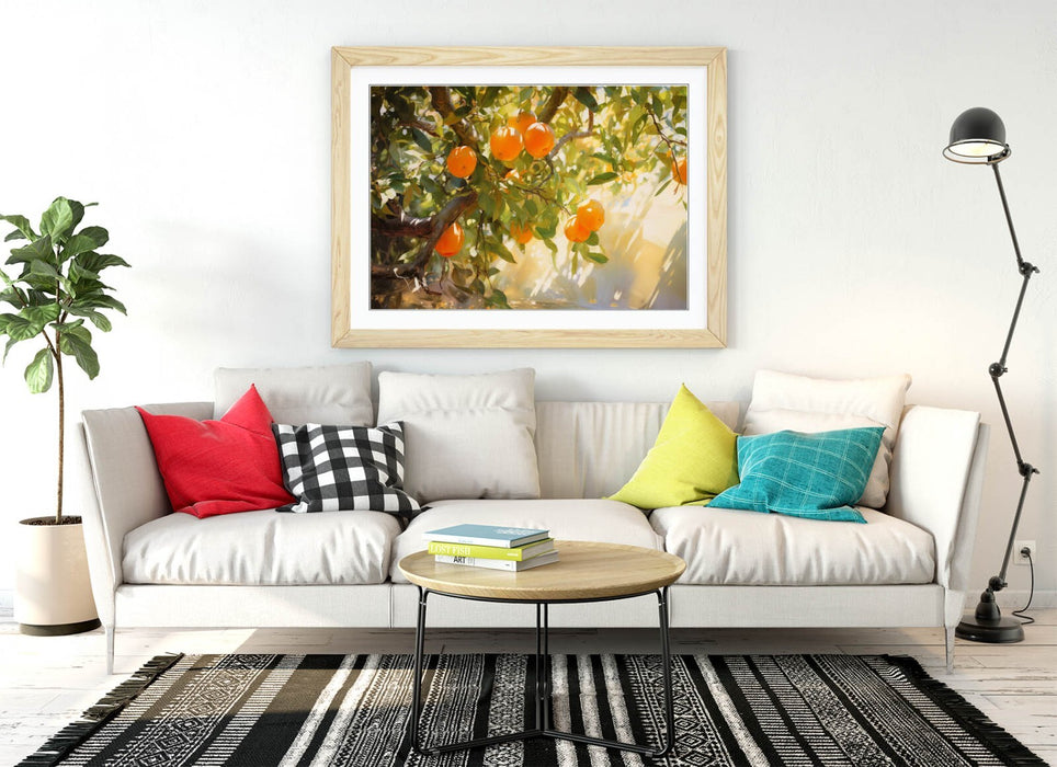 Orange Tree Wall Art - Framed Botanical Poster Print With Woodgrain Frame