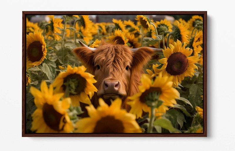 Canvas Wall Art - Highland Cow Print in Sunflower Field | Float Effect Canvas UK