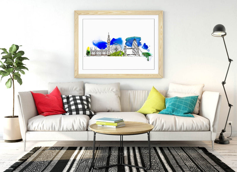 London Cityscape Wall Art – Framed Watercolour Poster Print With Wood Grain Frame