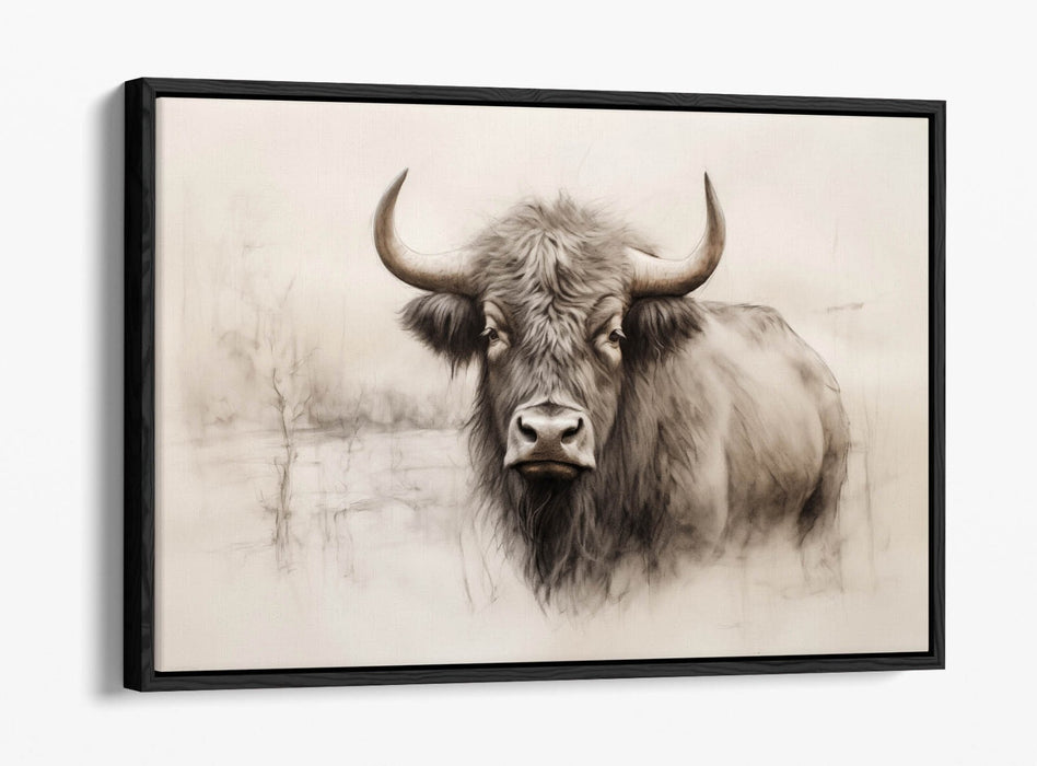 Highland Cow Canvas | Charcoal Sketch Print on Float Effect Canvas Wall Art