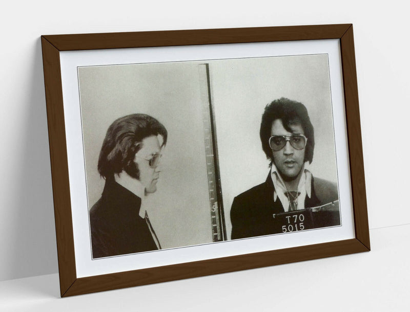 Framed Poster Art - Elvis Mugshot Print With Woodgrain Faux Frame & Matte Paper