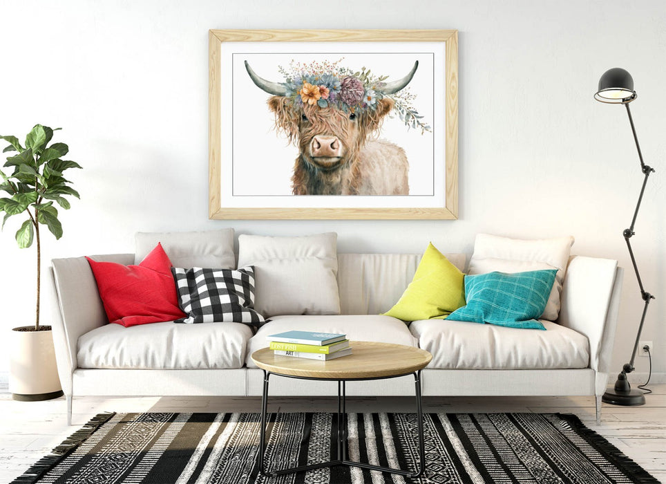 Highland Cow Wall Art – Framed Flower Crown Poster | Rustic Home Decor UK Handmade