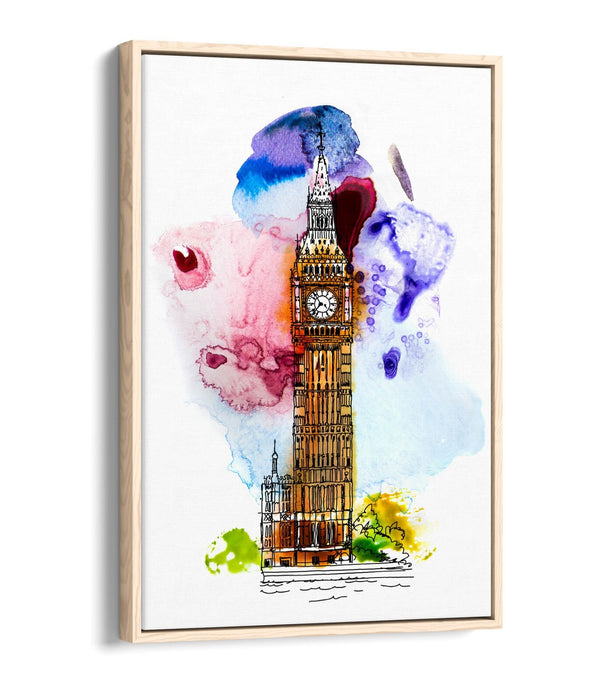 Canvas Wall Art – Big Ben London Watercolour Splash With Float Effect Frame