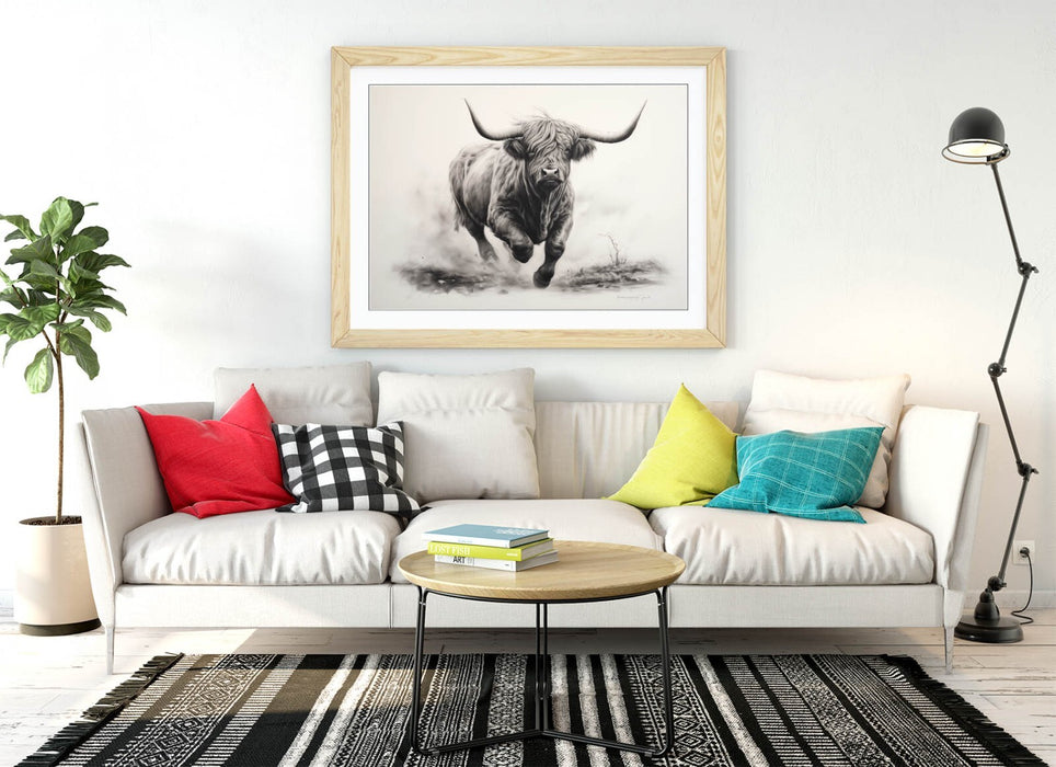 Highland Cow Wall Art – Framed Charcoal Sketch Print | Rustic Animal Decor