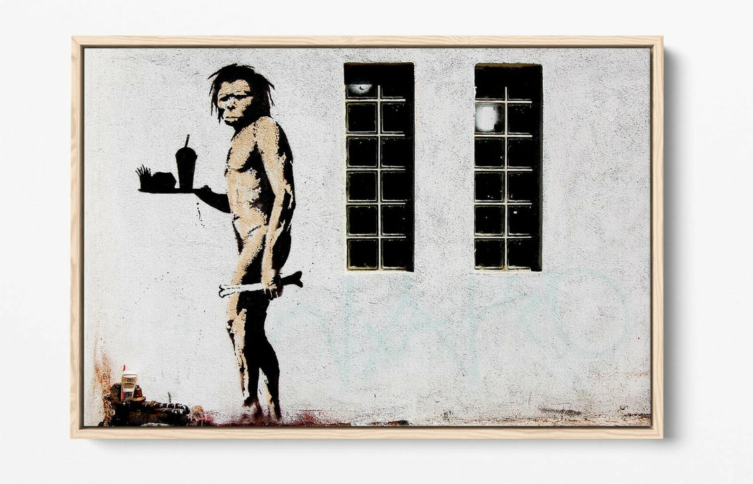 BANKSY FAST FOOD CAVEMAN -FLOAT EFFECT CANVAS WALL ART PIC PRINT- GREY BLACK