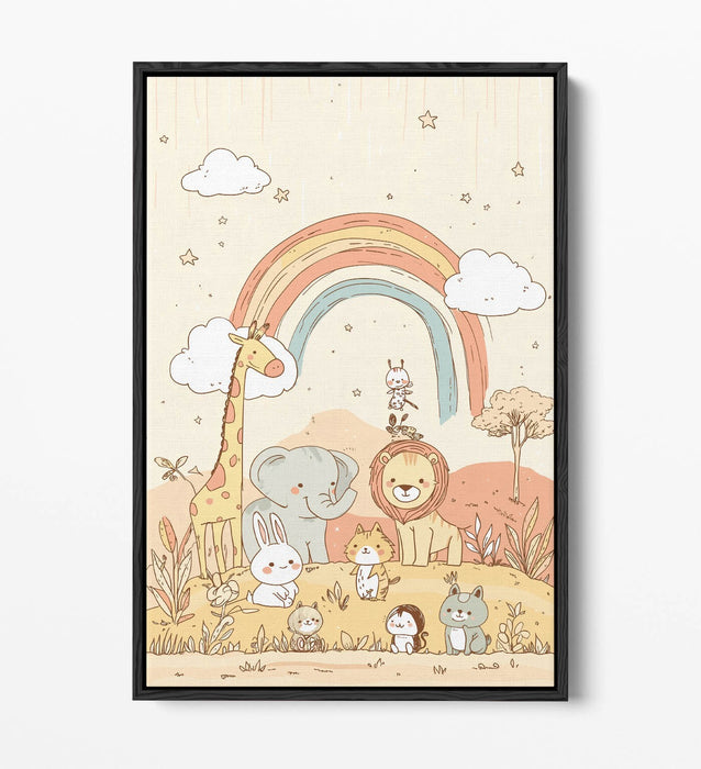 Pastel Canvas Wall Art - Cute Animal Artwork With Rainbow Float Effect Frame