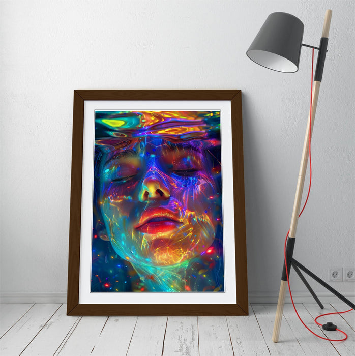 Underwater Woman Wall Art – Framed Multi Colour Portrait Poster Print with Woodgrain Frame
