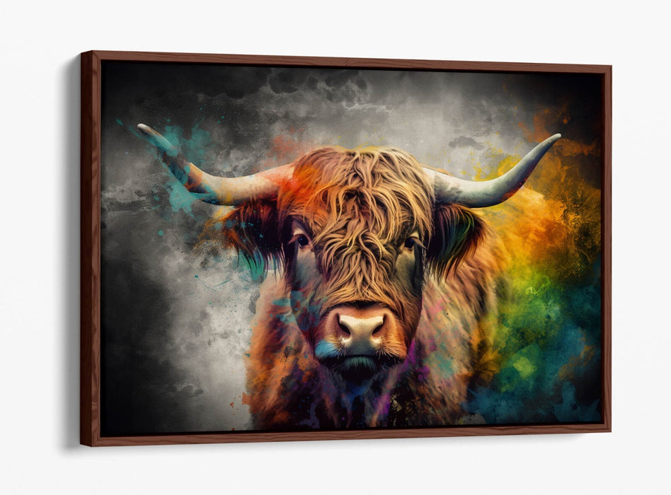 Canvas Wall Art – Highland Cow Multi Colour Print | Float Effect Frame, Handmade