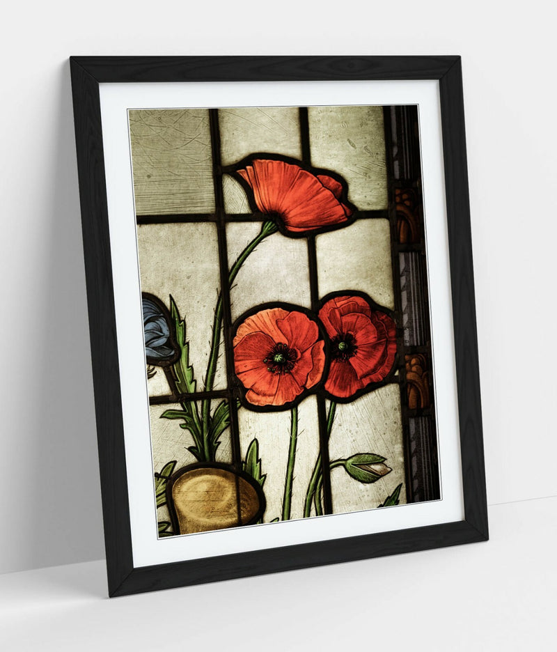 Framed Poster Art - Stained Glass Art Poppy Wall Decor With Woodgrain Frame