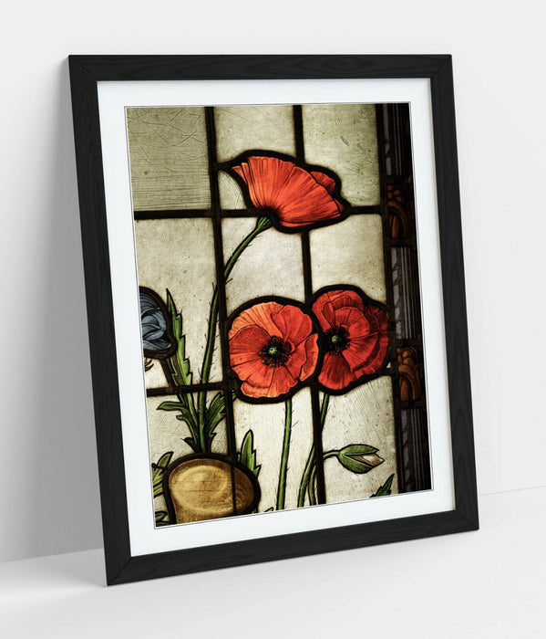 Framed Poster Art - Stained Glass Art Poppy Wall Decor With Woodgrain Frame