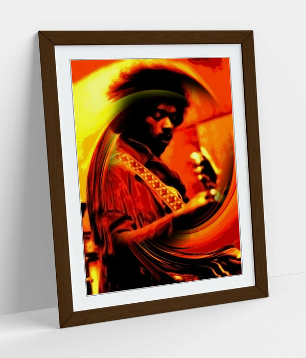 Jimi Hendrix Poster - Handmade UK Framed Wall Art With Yellow Swirl Artwork