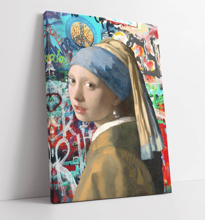 Canvas Wall Art - Vermeer Girl With Pearl Earring Graffiti Print on 30mm Deep Frame