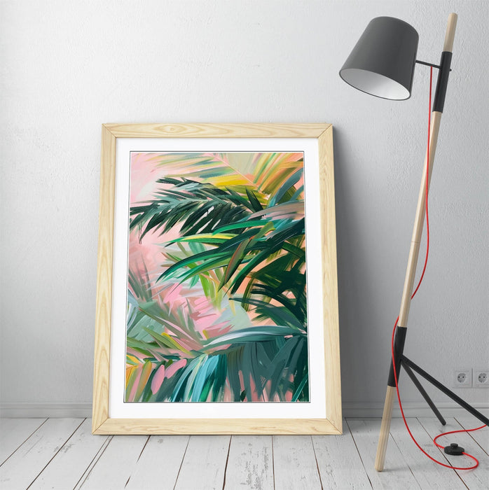 Framed Wall Art - Green Tree Leaves Pink Background Home Decor Print 4 Sizes